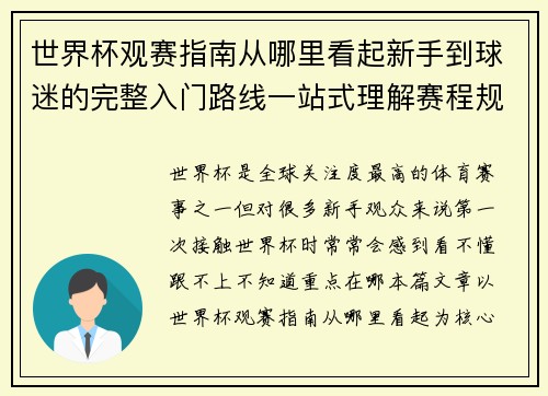 世界杯观赛指南从哪里看起新手到球迷的完整入门路线一站式理解赛程规则看点