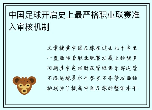 中国足球开启史上最严格职业联赛准入审核机制