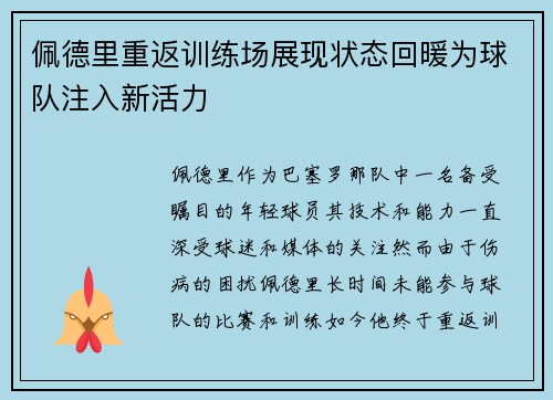 佩德里重返训练场展现状态回暖为球队注入新活力